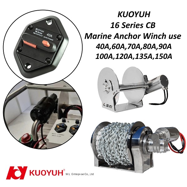 KUOYUH 16-8P Series Panel-Mounted High-Amp Circuit Breaker is Used on Marine Anchor Winches